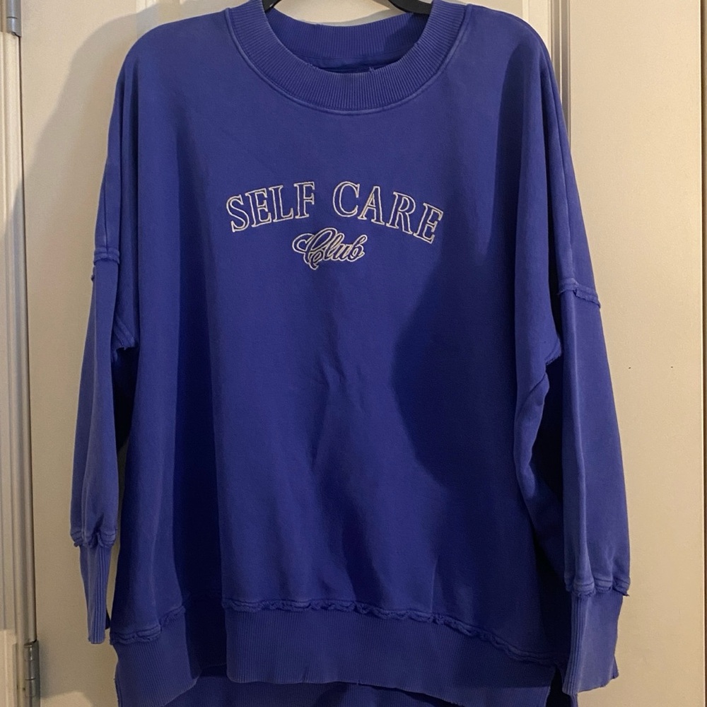 Aerie American Eagle Self Care Club Royal Blue Crewneck Sweatshirt oversized